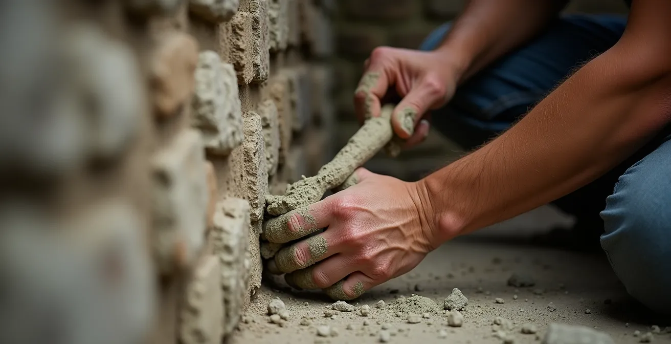 Photographie rapprochée d'un artisan en train de travailler le mortier à la chaux sur un mur en pierre, montrant ses mains expertes.