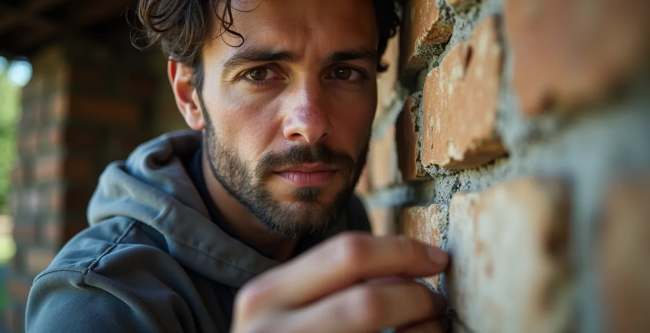 Photographie réaliste d'un expert examinant la façade en pierre d'une maison ancienne, avec détails sur surface et matériaux.