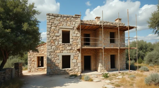 Vue éditoriale réaliste d'une maison ancienne en pierre en cours de rénovation, cadrée selon la règle des tiers, avec un éclairage cinématographique et un arrière-plan épuré.