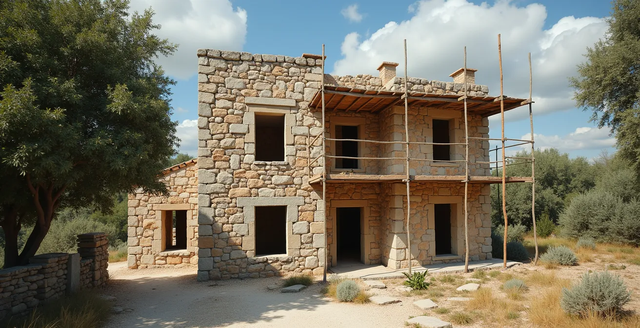 Vue éditoriale réaliste d'une maison ancienne en pierre en cours de rénovation, cadrée selon la règle des tiers, avec un éclairage cinématographique et un arrière-plan épuré.
