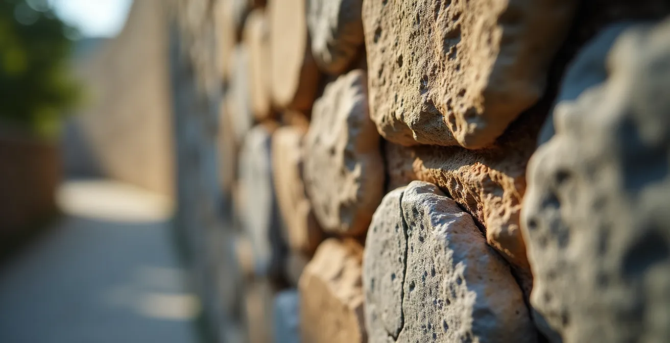 Gros plan photographique réaliste sur la texture d'un mur en pierre avec fissures visibles, éclairage naturel et profondeur de champ réduite.