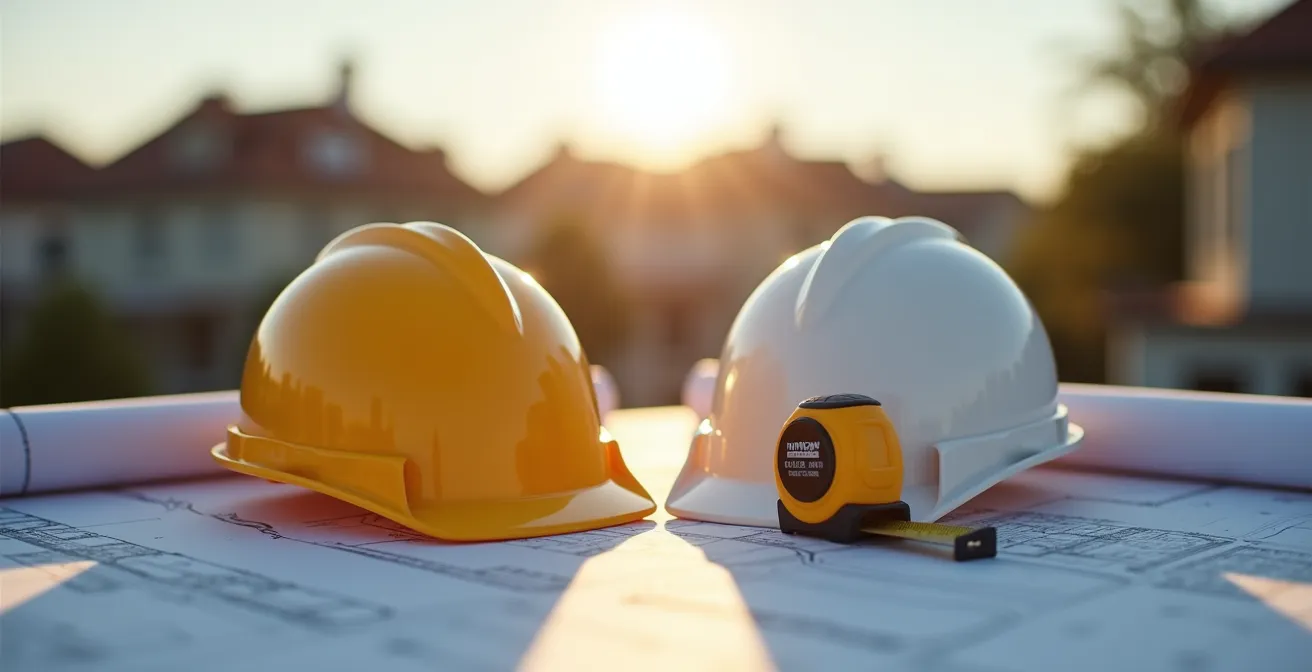 Discussion entre propriétaire et expert couvreur sur chantier, échange professionnel