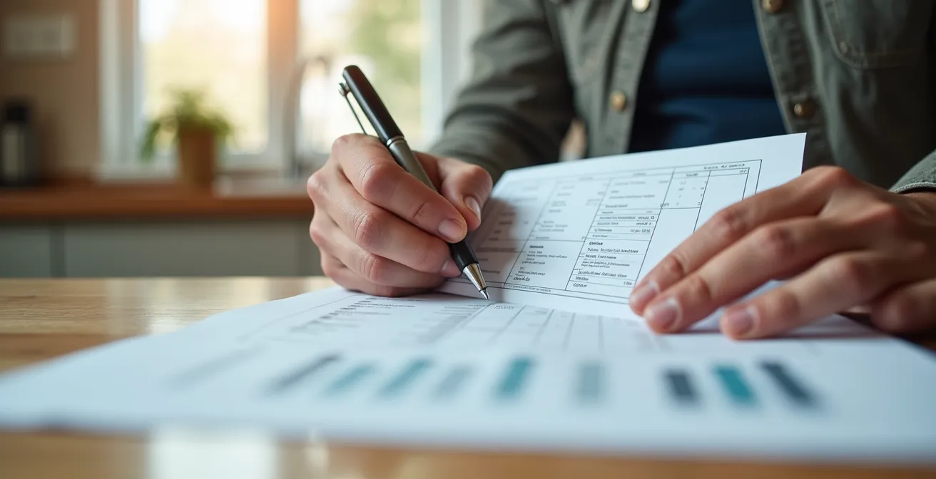 Propriétaire examinant attentivement un devis détaillé avec calculatrice et notes