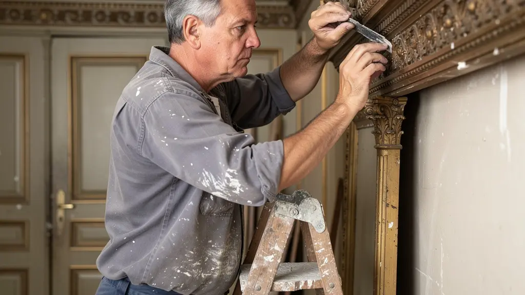 Artisan restaurateur travaillant sur moulures d'époque lors rénovation propriété exception Montréal