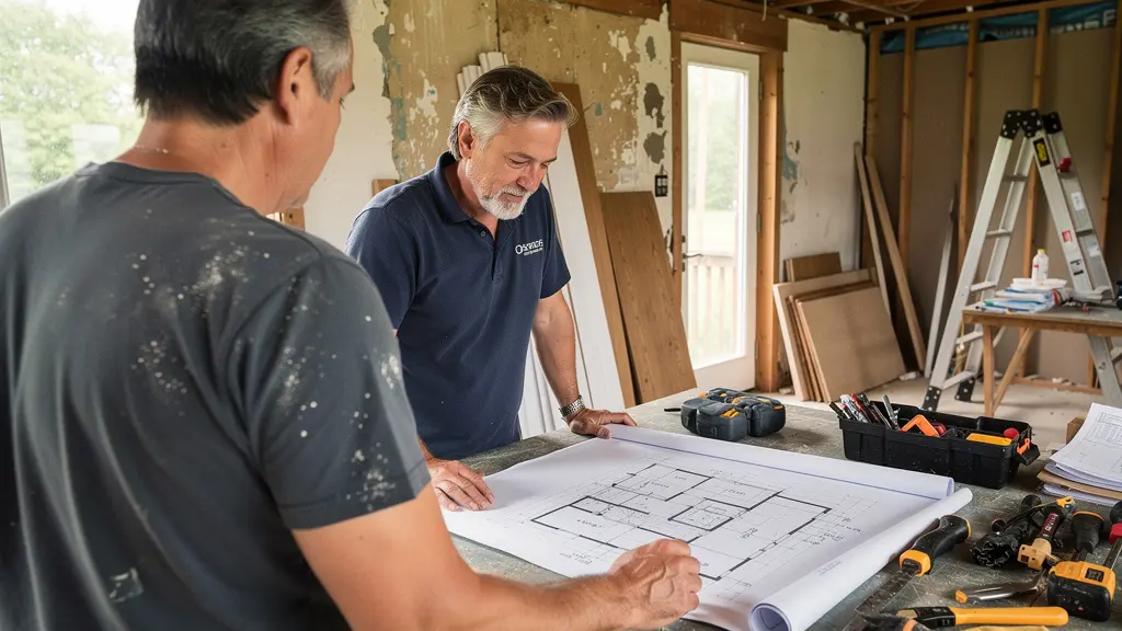 Entrepreneur en rénovation haut de gamme discutant des plans avec propriétaire à Montréal