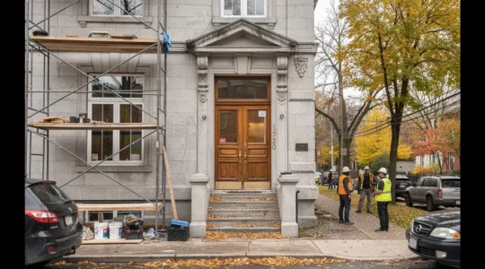 Maison de pierre grise à Westmount avec échafaudage de rénovation haut de gamme