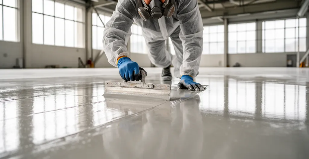 Application de résine polymère brillante sur sol commercial préparé