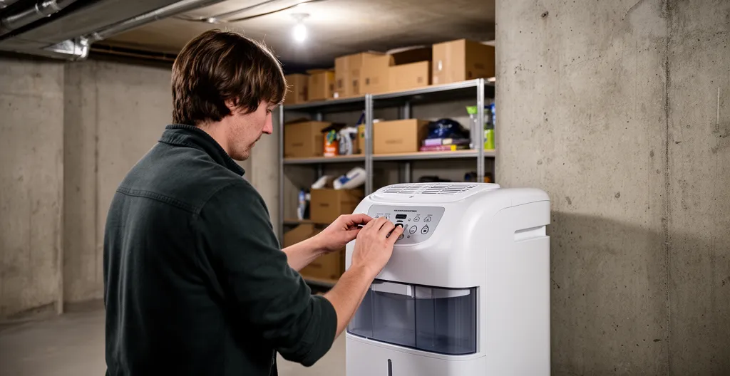 Personne ajustant un déshumidificateur dans un sous-sol québécois