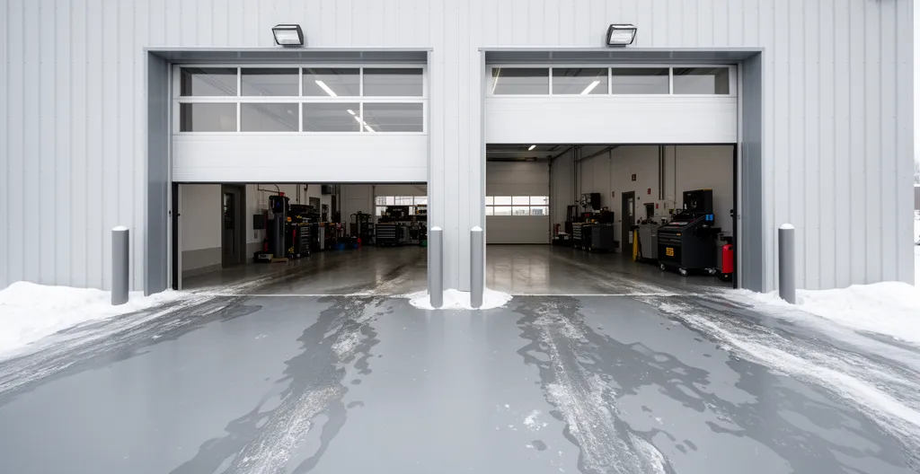 Entrée de garage commercial avec traces d'humidité sur plancher polymère gris