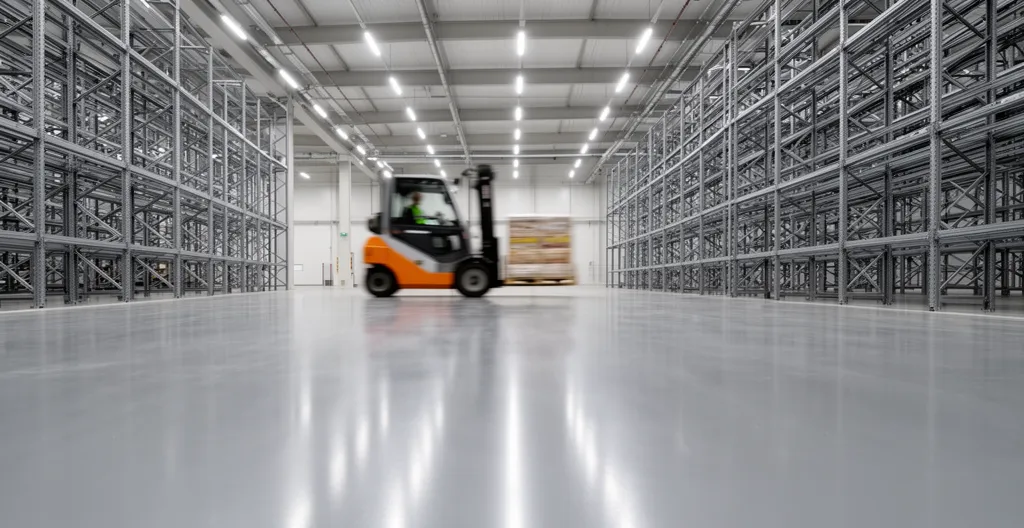 Plancher polymère gris brillant dans entrepôt commercial moderne avec chariot élévateur