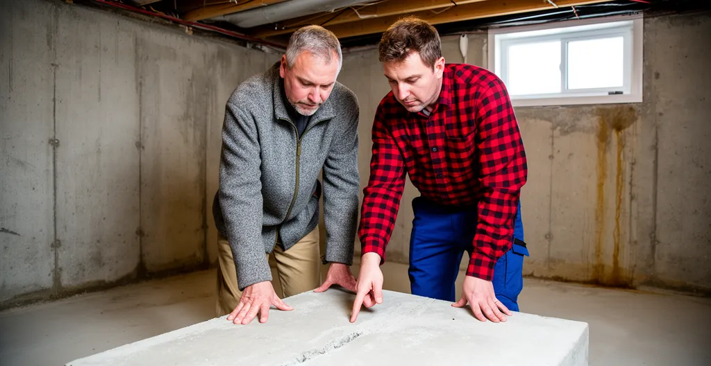 Propriétaire et technicien inspectant une dalle de béton dans un sous-sol à Laval