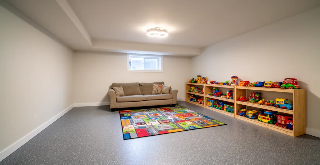 Sous-sol familial avec plancher époxy antidérapant et zone de jeu