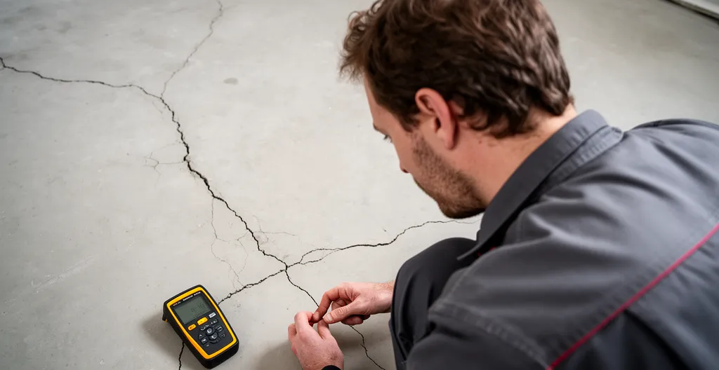 Technicien inspectant fissure dans béton commercial avant application polymère