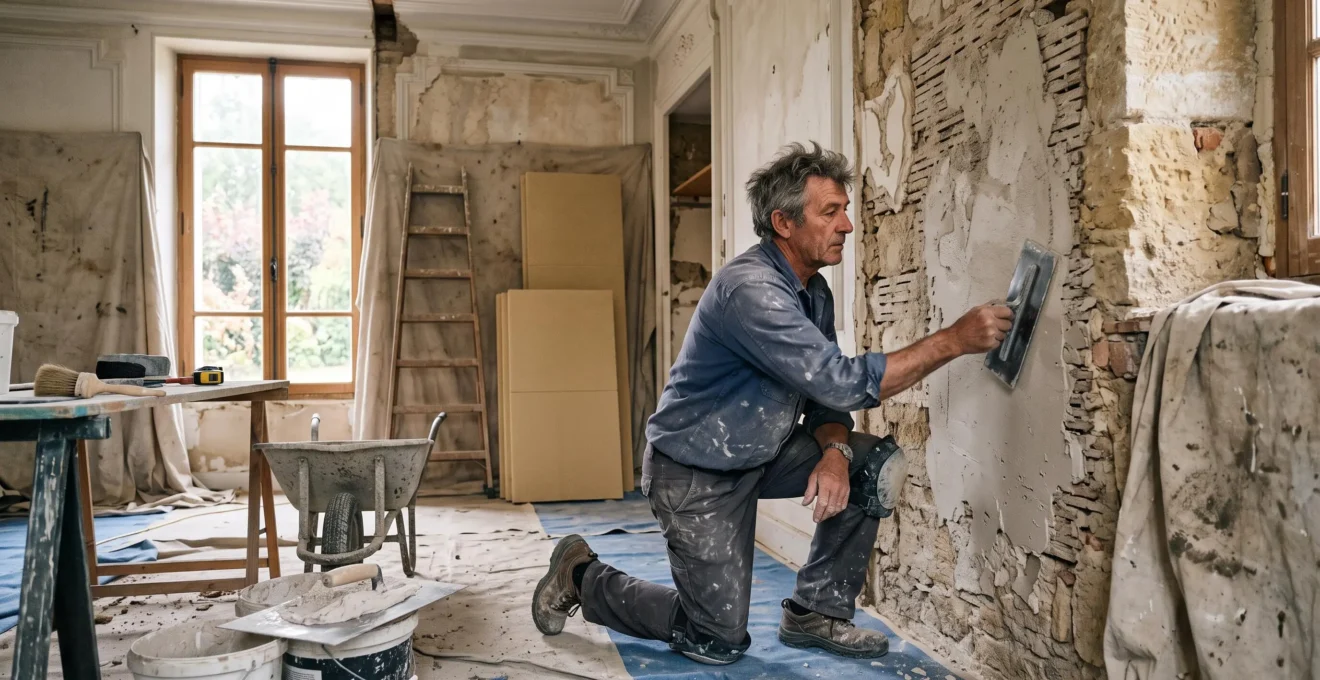 Un artisan applique du plâtre sur un mur dénudé au milieu d'un chantier de rénovation dans une maison française.