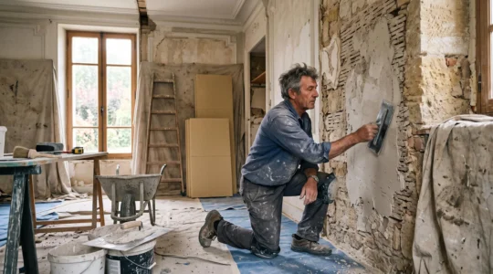 Un artisan applique du plâtre sur un mur dénudé au milieu d'un chantier de rénovation dans une maison française.
