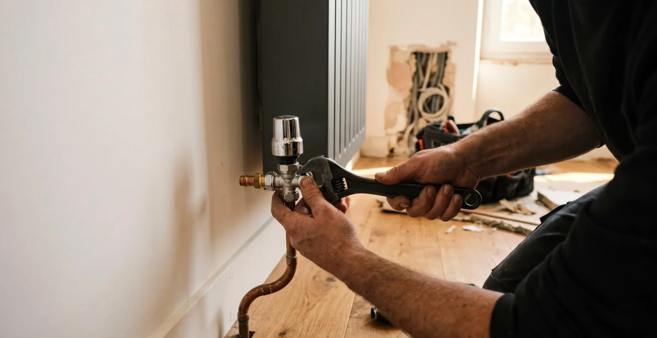 Un installateur serre le raccord d'un radiateur avec une clé sur un mur fraîchement repeint lors de la finition des travaux.