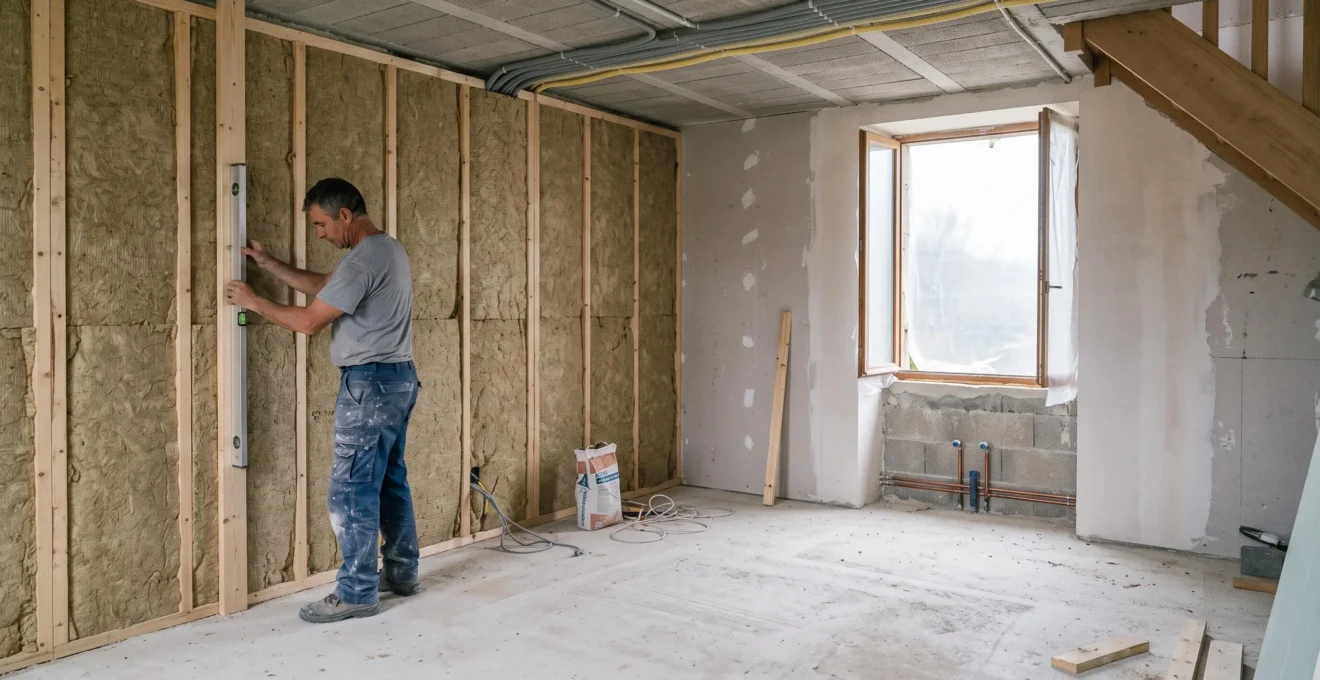 Un ouvrier vérifie au niveau à bulle un mur isolé dans une pièce en cours de rénovation, sol et plafond encore bruts.